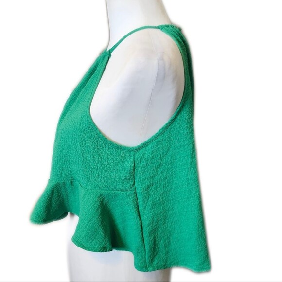 5/$55 Shein Green Tie Neck Halter Blouse With Ruffle, Cropped, Hi Lo, L - Picture 2 of 6